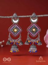 CHANDRAKANTA-MOONSTONE EARRINGS-STATEMENT OXIDISED JHUMKAS WITH MIRROR, BEADS AND THREAD WORK