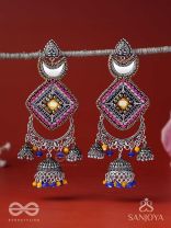 CHANDRAKANTA-MOONSTONE EARRINGS-STATEMENT OXIDISED JHUMKAS WITH MIRROR, BEADS AND THREAD WORK