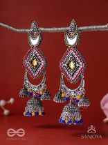 CHANDRAKANTA-MOONSTONE EARRINGS-STATEMENT OXIDISED JHUMKAS WITH MIRROR, BEADS AND THREAD WORK