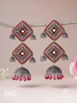 VISHRUTA-CELEBRATED ELEGANCE-STATEMENT OXIDISED JHUMKAS WITH MIRROR, BEADS AND THREAD WORK