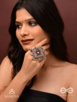 Chaturmukhi-Four-Faced- Oxidized embroidered ring features ghunghroo, beads & mirror. 