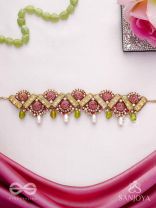Manimekhala-Bejewelled Girdle-Choker adorned with pink and gold gemstones, beads and delicate pearl drops.