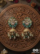 Sphārikā- Crystal Radiance-Jhumka earrings adorned with diamond shaped stones,beads and pearls of golden, white and turquoise accents