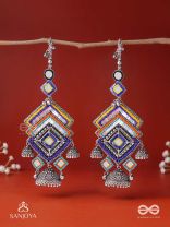 Pratibimbā-Reflective Jhumka-Brick stitch pattern earrings with geometric mirror inlays, thread work and jhumkas.