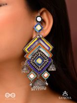 Pratibimbā-Reflective Jhumka-Brick stitch pattern earrings with geometric mirror inlays, thread work and jhumkas.