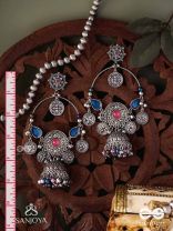 SHUBHRAVILASA- RADIANT GRACE- SILVER TONED EARRINGS, CIRCULAR MOTIFS ADORNED WITH GHUNGROOS AND JHUMKA