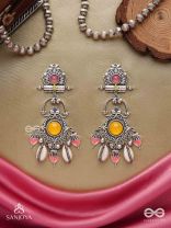  SURYARATNA-SUN GEM-SILVER-TONED EARRINGS ACCENTED WITH DANGLING COWRIE SHELLS AND GHUNGHROO'S