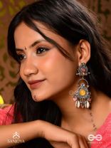  SURYARATNA-SUN GEM-SILVER-TONED EARRINGS ACCENTED WITH DANGLING COWRIE SHELLS AND GHUNGHROO'S