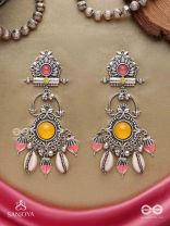  SURYARATNA-SUN GEM-SILVER-TONED EARRINGS ACCENTED WITH DANGLING COWRIE SHELLS AND GHUNGHROO'S
