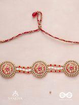 KUSUMAVALI - ROW OF FLOWERS - GOLDEN CIRCLES, PEARLS, RED DROPS AND KUNDAN HAND EMBROIDERED MATHAPATTI