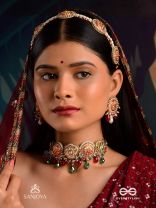 KUSUMAVALI - ROW OF FLOWERS - GOLDEN CIRCLES, PEARLS, RED DROPS AND KUNDAN HAND EMBROIDERED MATHAPATTI