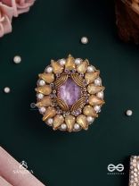 KANAKA PUSHPA – GOLDEN FLOWER EMBROIDERED FLOWER-SHAPED RING ADORNED WITH YELLOW GEMS AND PEARLS, GIVING A GOLDEN GLOW