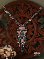 MAYURA MAALA- PECOCK NECKLACE: ENAMELLED OXIDISED NECKLACE WITH GHUNGROO AND BEADS