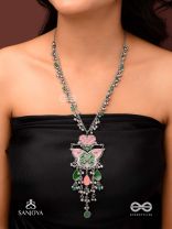 MAYURA MAALA- PECOCK NECKLACE: ENAMELLED OXIDISED NECKLACE WITH GHUNGROO AND BEADS