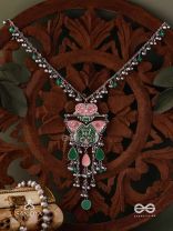 MAYURA MAALA- PECOCK NECKLACE: ENAMELLED OXIDISED NECKLACE WITH GHUNGROO AND BEADS