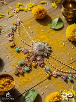 RANGVATI - FULL OF COLORS - EMBROIDERED MIRROR WORK HAIR ACCESSORY WITH MULTI-COLORED BEADS AND GOLDEN CHAINS