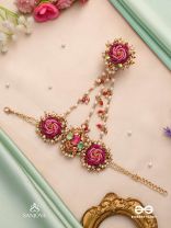 GULRATNA - JEWEL OF ROSES - HANDCRAFTED ROSE HAATHPHOOL WITH BEADED FRINGES, PEARLS AND GEM DETAILS