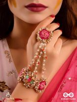 GULRATNA - JEWEL OF ROSES - HANDCRAFTED ROSE HAATHPHOOL WITH BEADED FRINGES, PEARLS AND GEM DETAILS