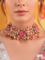 GULRATNA - JEWEL OF ROSES - HANDCRAFTED ROSE CHOKER WITH BEADED FRINGES, PEARLS AND GEM DETAILS