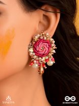 GULRATNA - JEWEL OF ROSES - HANDCRAFTED ROSE EARRINGS WITH BEADED FRINGES, PEARLS AND GEM DETAILS