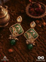 VANASHREE - QUEEN OF THE FOREST- MESMERIZING EARRINGS WITH VIBRANT GREEN AND GOLDEN ACCENTS, ADORNED WITH KUNDAN AND PEARLS