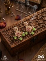MADHUVRATA – SWEET AS SPRING BLOOM - GRACEFUL PINK ENAMELLED EARRINGS WITH KUNDAN GREEN BEADS AND PEARL DROPS