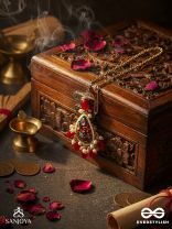 SUVARNAPUSHPA - GOLDEN BLOSSOM - LUXURIOUS HERITAGE KUNDAN MAANGTIKA WITH RED AND BLUE ENAMEL WORK, PEARLS AND BEADS