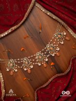 SANDHYAPRIYA - LOVER OF DUSK - EXQUISITE GOLDEN ENAMELLED KUNDAN NECKLACE WITH LUSTROUS ORANGE GEM DROPS