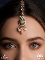 SANDHYAPRIYA - LOVER OF DUSK - EXQUISITE GOLDEN ENAMELLED KUNDAN MAANGTIKA WITH LUSTROUS ORANGE GEM DROPS