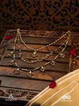 VARSHALEKHA - RAINFALL STROKES - ROYAL HERITAGE MULTI-STRAND KUNDAN NECKLACE WITH PEARL STRINGS AND POLKI DROPS
