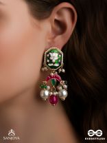 INDULEKHA - MOON'S BEAUTY - EXQUISITE CRESCENT-MOTIF KUNDAN EARRINGS WITH ENAMEL DETAILS AND PEARL DROPS