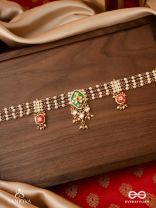 SHRINGARIKA - THE ADORNED ONE- ELEGANT PEARL NECKLACE WITH GREEN ENAMEL DROP, KUNDAN AND BEADS