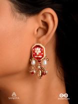 ABHARANI - THE ADORNED QUEEN- FINE TRADITIONAL KUNDAN EARRINGS WITH RED ENAMEL WORK, PEARL AND BEADS