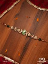 SHASHIRATNA - MOON GEM- MINIMALISTIC KUNDAN ENAMEL NECKLACE WITH FLORAL CENTER, PEARL SPHERES AND CELESTIAL DESIGN