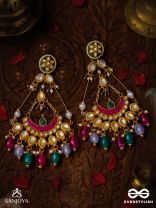 RANGAMAYA - FILLED WITH COLORS- INTRICATE KUNDAN CRESCENTS ENAMELLED EARRINGS WITH VIBRANT BEADED FRINGES AND PEARLS