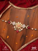 SOMARANGI - MOON-HUED BEAUTY- FLORAL ENAMELLED KUNDAN CHOKER WITH COLORFUL BEAD DROPS AND PEARLS