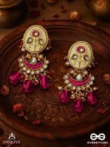 KAMALANGI - LOTUS-BODIED- FLORAL ENAMEL CENTRE DESIGN EARRINGS WITH TRIPLE CHAIN LAYERS AND RUBY BEADS AND PEARLS