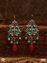RHYTHMIC ROOTS – OXIDISED ENAMEL EARRINGS WITH GHUNGROOS