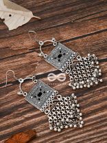 The Embellished Trunk Criss Cross Danglers (Black) - Oxidised Boho Earrings