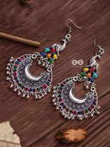 The Fanning Enamelled Peacocks - Oxidised Boho Earrings