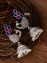 The Enamelled Dancing Peacocks Meenakari Artwork Jhumkas - (Pink-Blue)