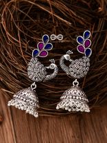 The Enamelled Dancing Peacocks Meenakari Artwork Jhumkas - (Pink-Blue)
