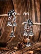 The Enamelled Peacocks Triple Jhumki Statement Earrings - Black-Brown