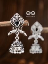 The Twin Peacock Artwork Jhumkis (Onyx Black) - Embellished Oxidised Collection