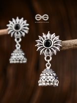 The Artistic Sun Jhumkis (Onyx Black) - Embellished Oxidised Collection