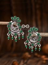 The Dangling Peacock Studs (Emerald Green) - Embellished Oxidised Collection