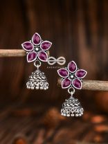 The Glimmering Floral Little Jhumkis (Ruby Red) - The Embellished Oxidised Collection