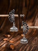 The Bohemian Elegance Floral Jhumkis (Onyx Black) - The Embellished Oxidised Collection