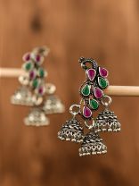 The Elegant Triple Jhumki Peacocks (Ruby-Emerald) - Embellished Oxidised Collection