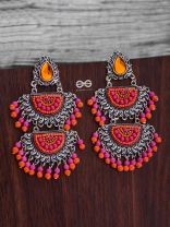 The Multilayered Elegance (Orange-Pink) - Embroidered Oxidised Earrings